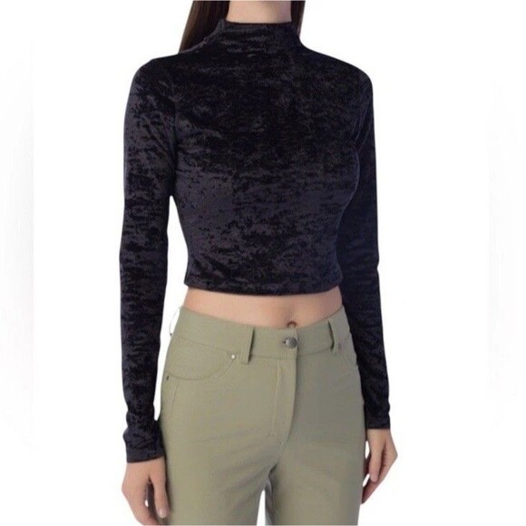 Lululemon All Aligned Mock Neck Top 10 Black Crushed Velvet Velour Crop Shirt - Picture 5 of 11
